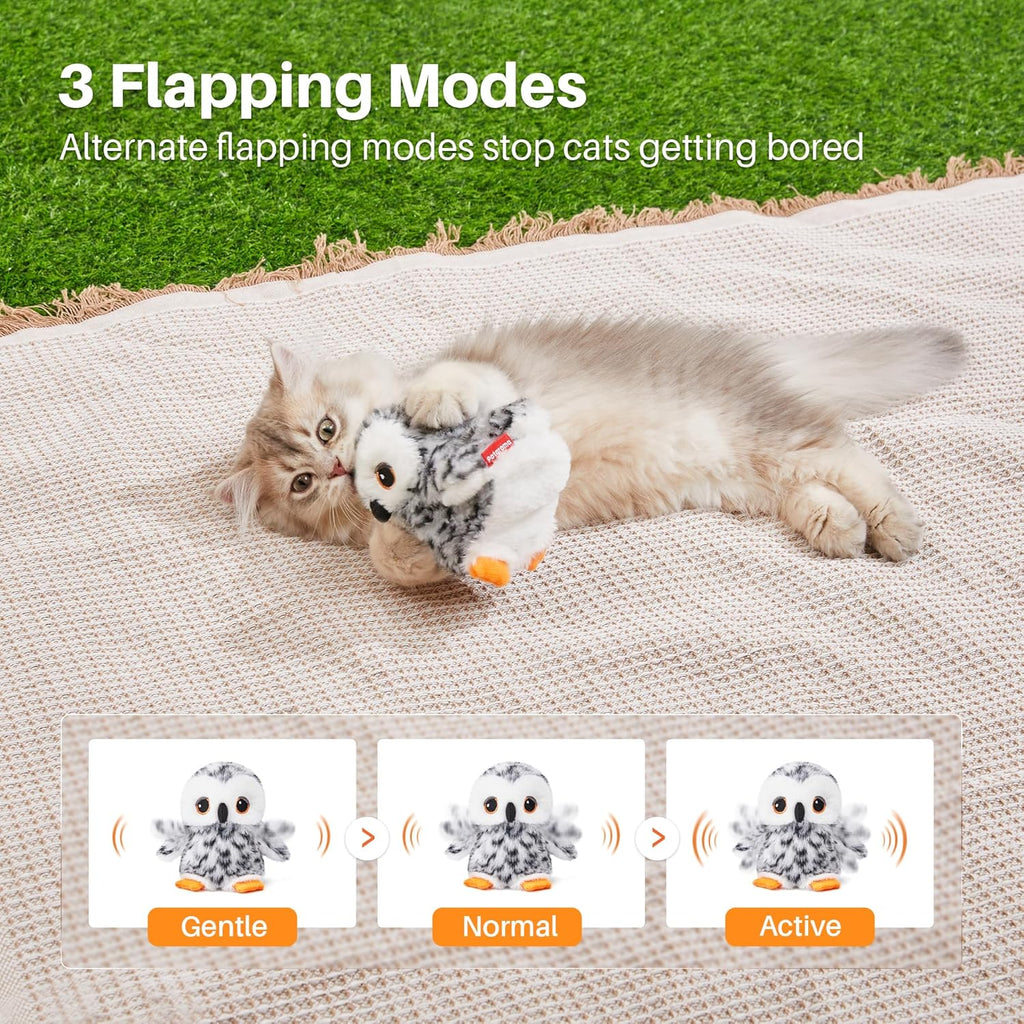Flapping Owl Cat Toys (No Flying), Lifelike Bird Chirp, Rechargeable Touch Activated Kitten Toy