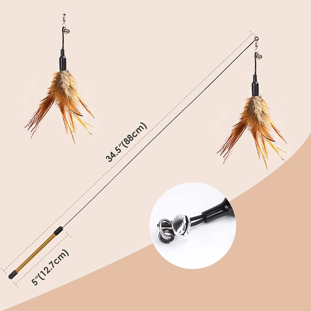 Feather Teaser Cat Toy - Interactive Wand with Extra Long 34.5" Wand and Small Bell