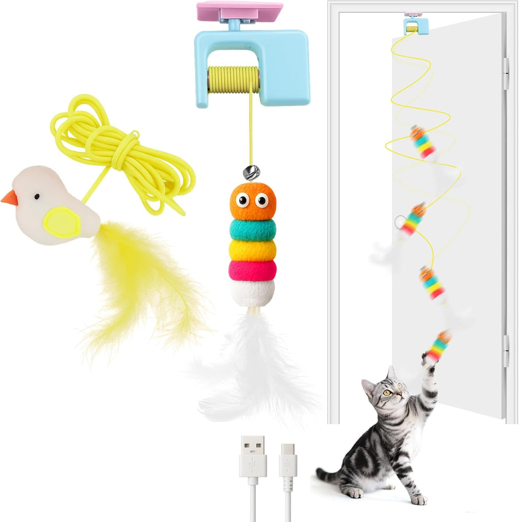 Interactive Cat Toys for Indoor Cats,Automatic Cat Hanging Toys for Bored Indoor Adult Cats, Caterpillar and Flying Bird Toy for Door Frame