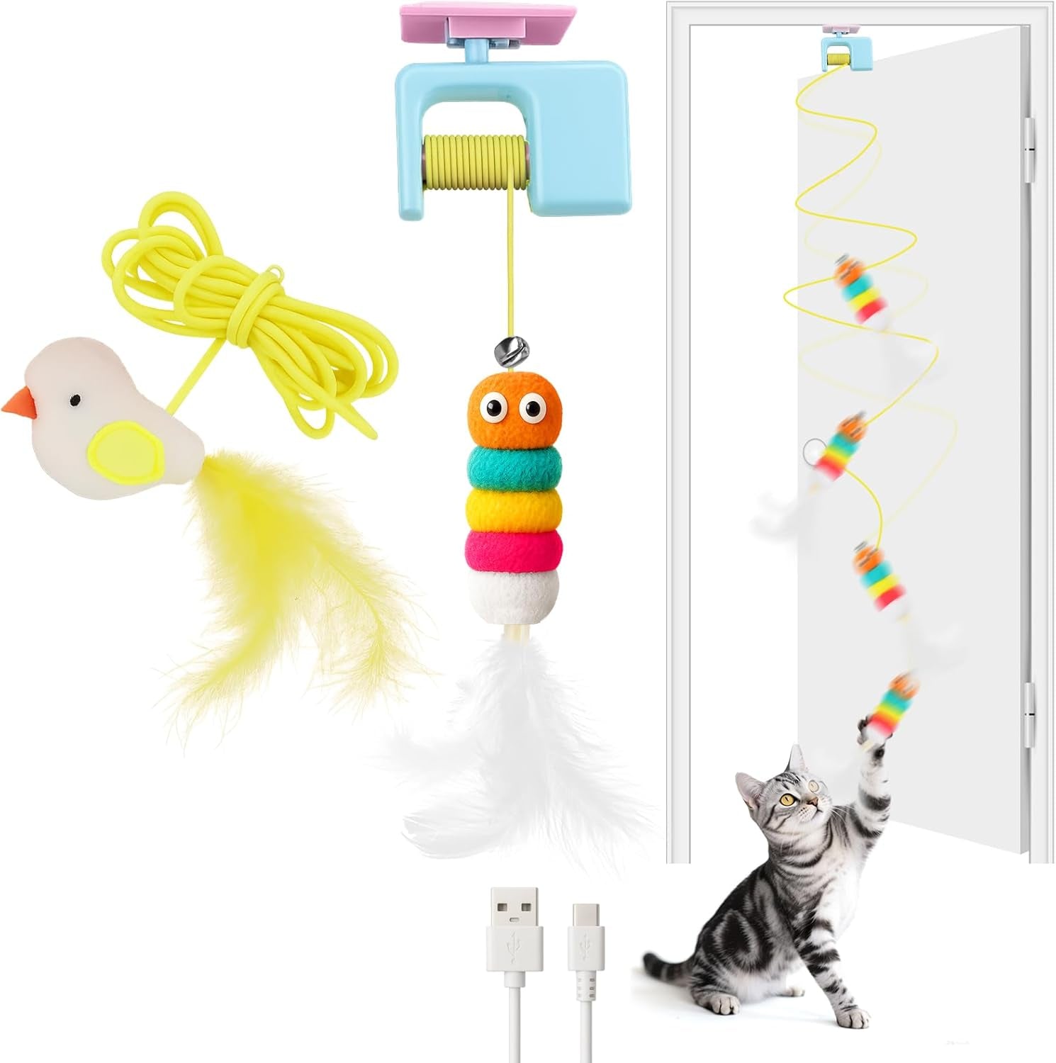 Interactive Cat Toys for Indoor Cats,Automatic Cat Hanging Toys for Bored Indoor Adult Cats, Caterpillar and Flying Bird Toy for Door Frame