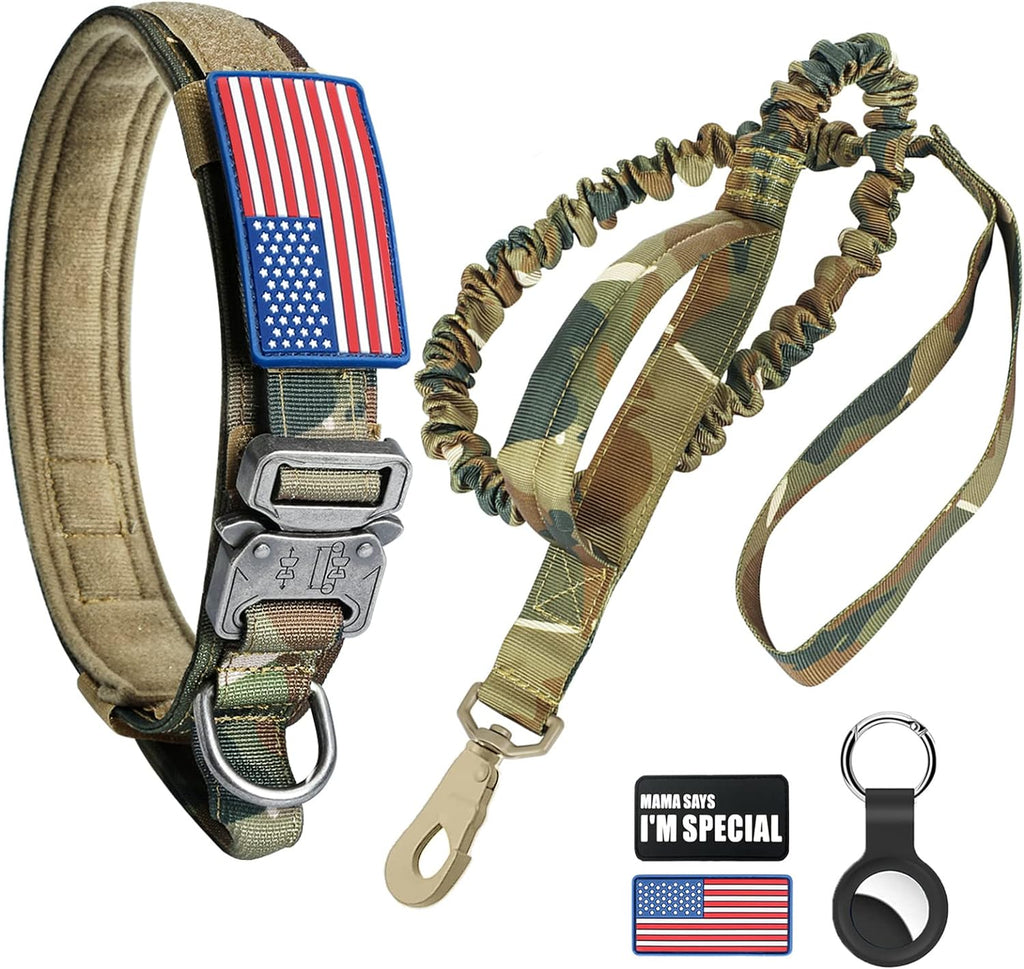 Tactical Dog Collar and Bungee Leash, Camo Military Dog Collar & Leash Set with USA American Flag Adjustable