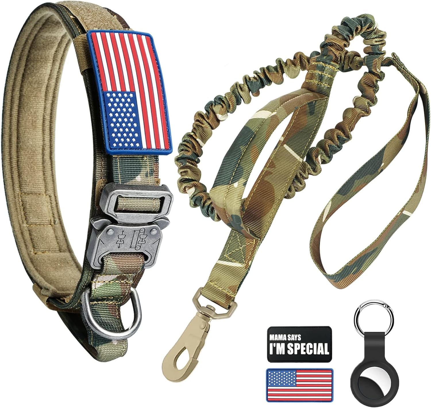 Tactical Dog Collar and Bungee Leash, Camo Military Dog Collar & Leash Set with USA American Flag Adjustable