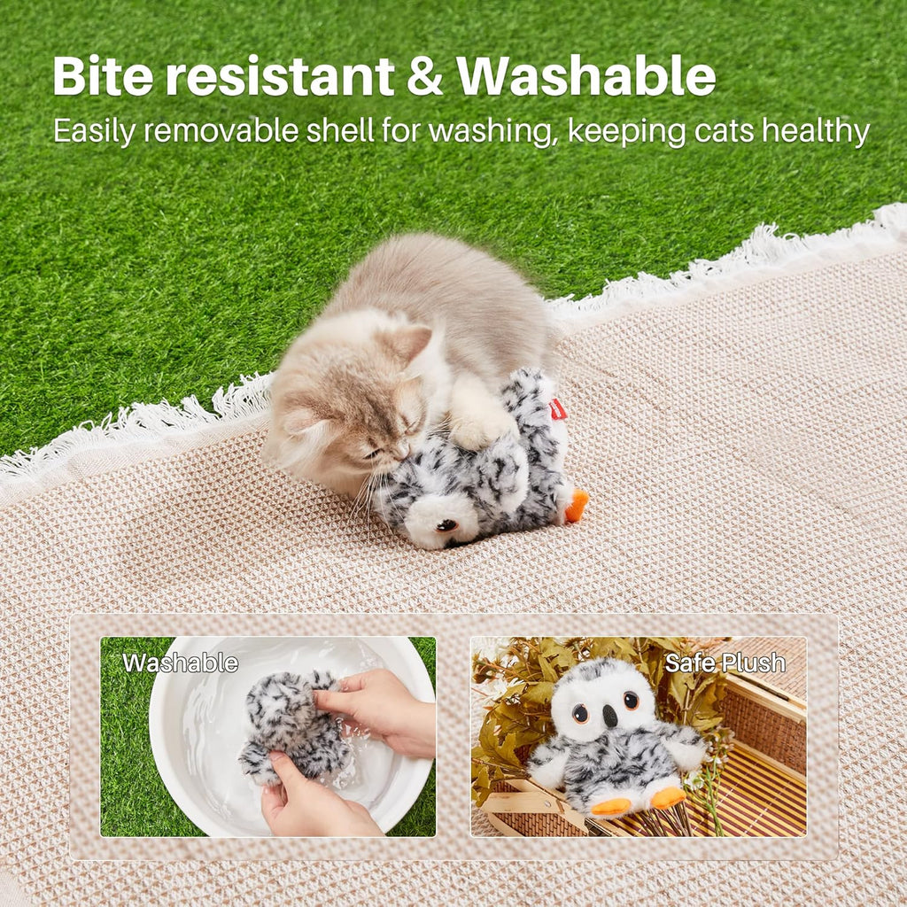 Flapping Owl Cat Toys (No Flying), Lifelike Bird Chirp, Rechargeable Touch Activated Kitten Toy