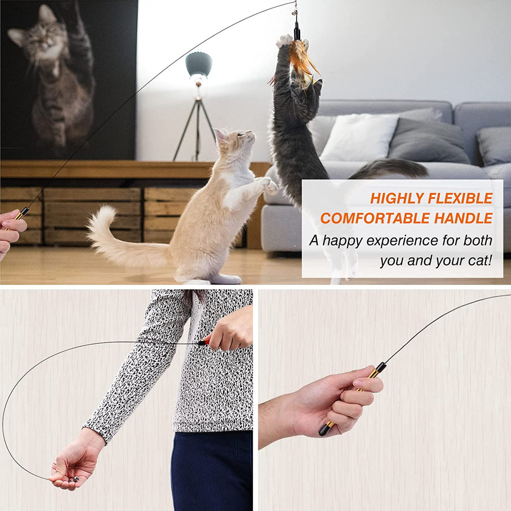 Feather Teaser Cat Toy - Interactive Wand with Extra Long 34.5" Wand and Small Bell