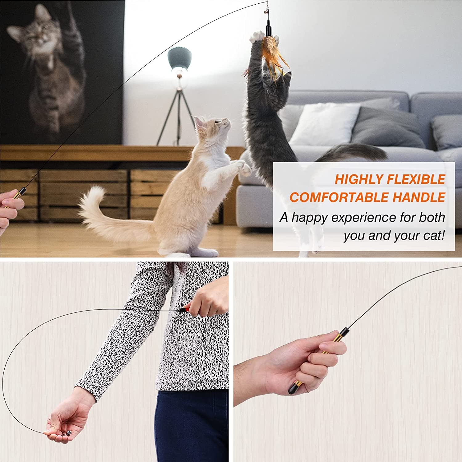 Feather Teaser Cat Toy - Interactive Wand with Extra Long 34.5" Wand and Small Bell