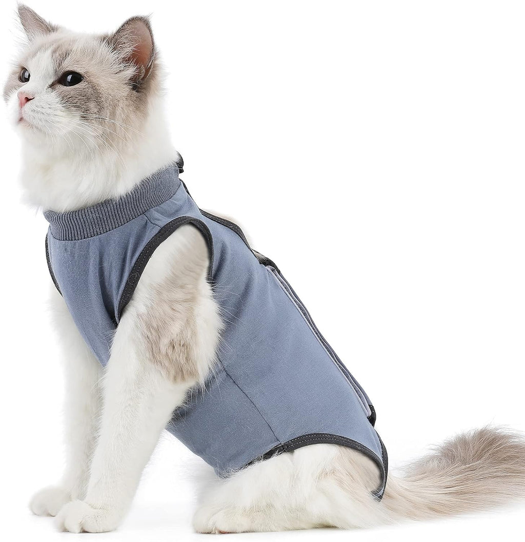 Cat Surgery Recovery Suit Cat Onesie for Cats after Surgery Spay Surgical Abdominal Wound Skin Diseases E-Collar Alternative Wear (Grey-Blue-M)