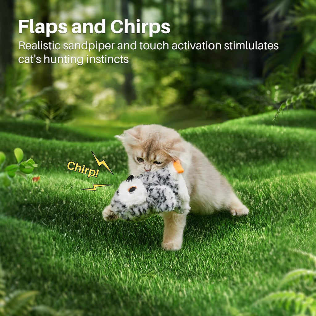 Flapping Owl Cat Toys (No Flying), Lifelike Bird Chirp, Rechargeable Touch Activated Kitten Toy