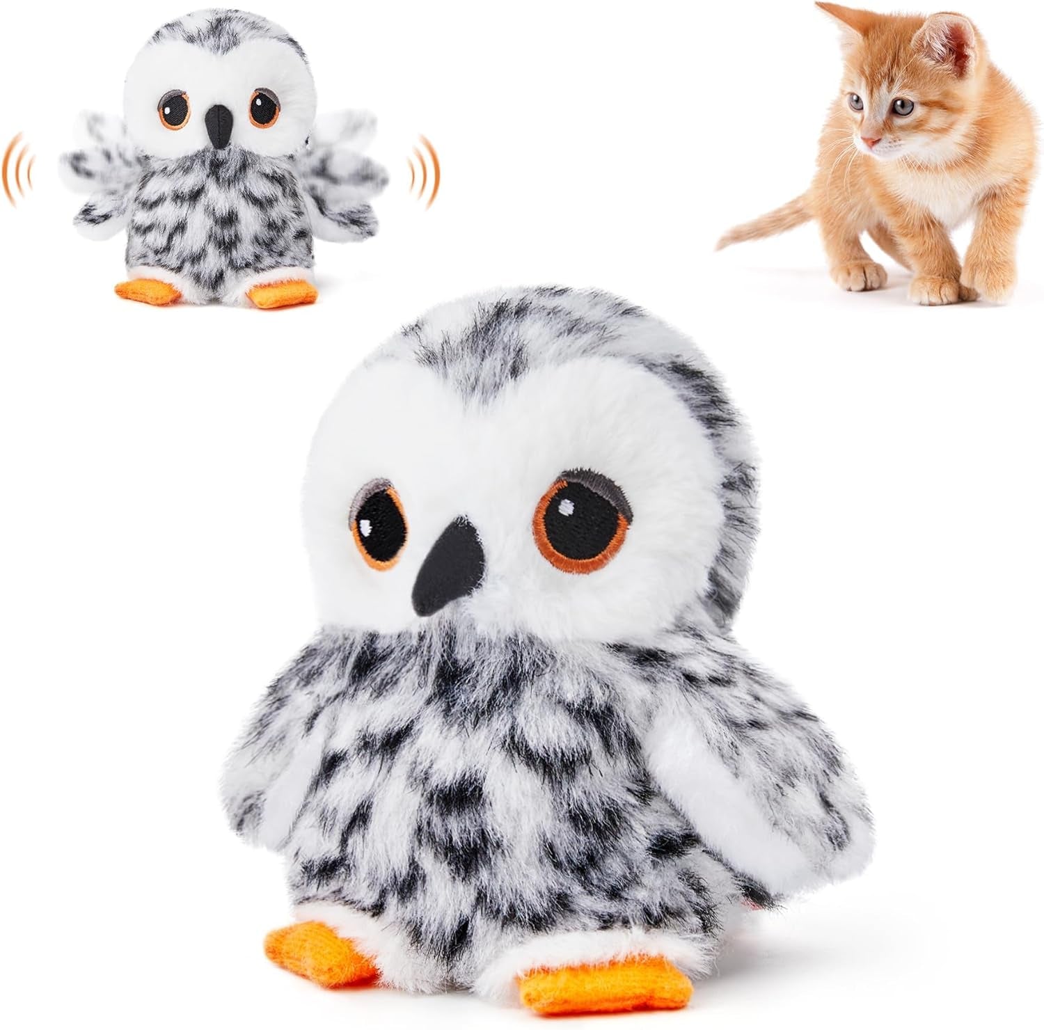 Flapping Owl Cat Toys (No Flying), Lifelike Bird Chirp, Rechargeable Touch Activated Kitten Toy