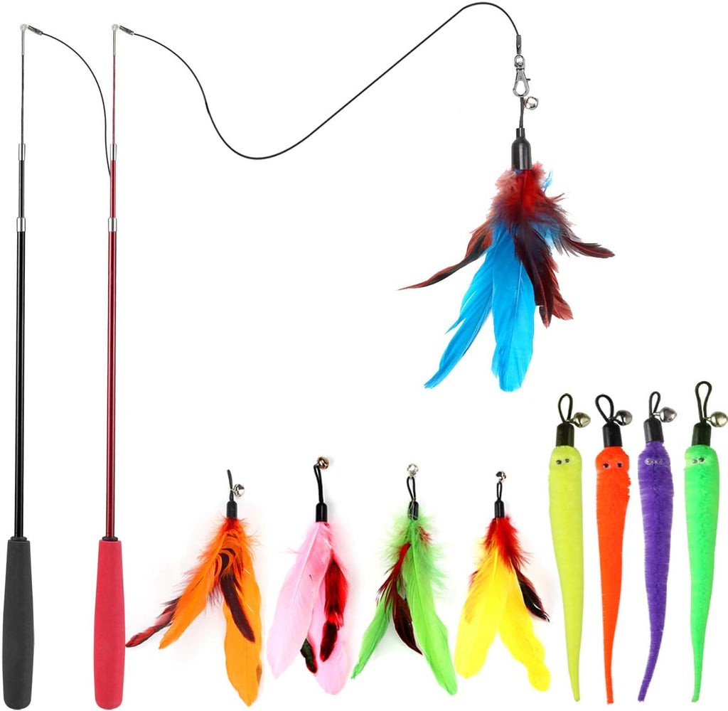 Cat Feather Toy, Retractable Cat Toys Wand 2 Wands & 9 Assorted Teaser Refills