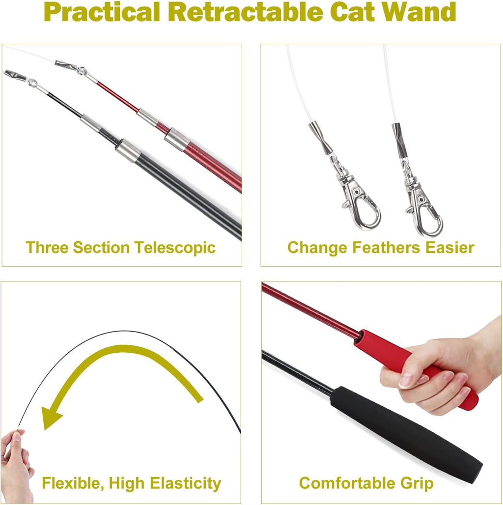 Cat Feather Toy, Retractable Cat Toys Wand 2 Wands & 9 Assorted Teaser Refills