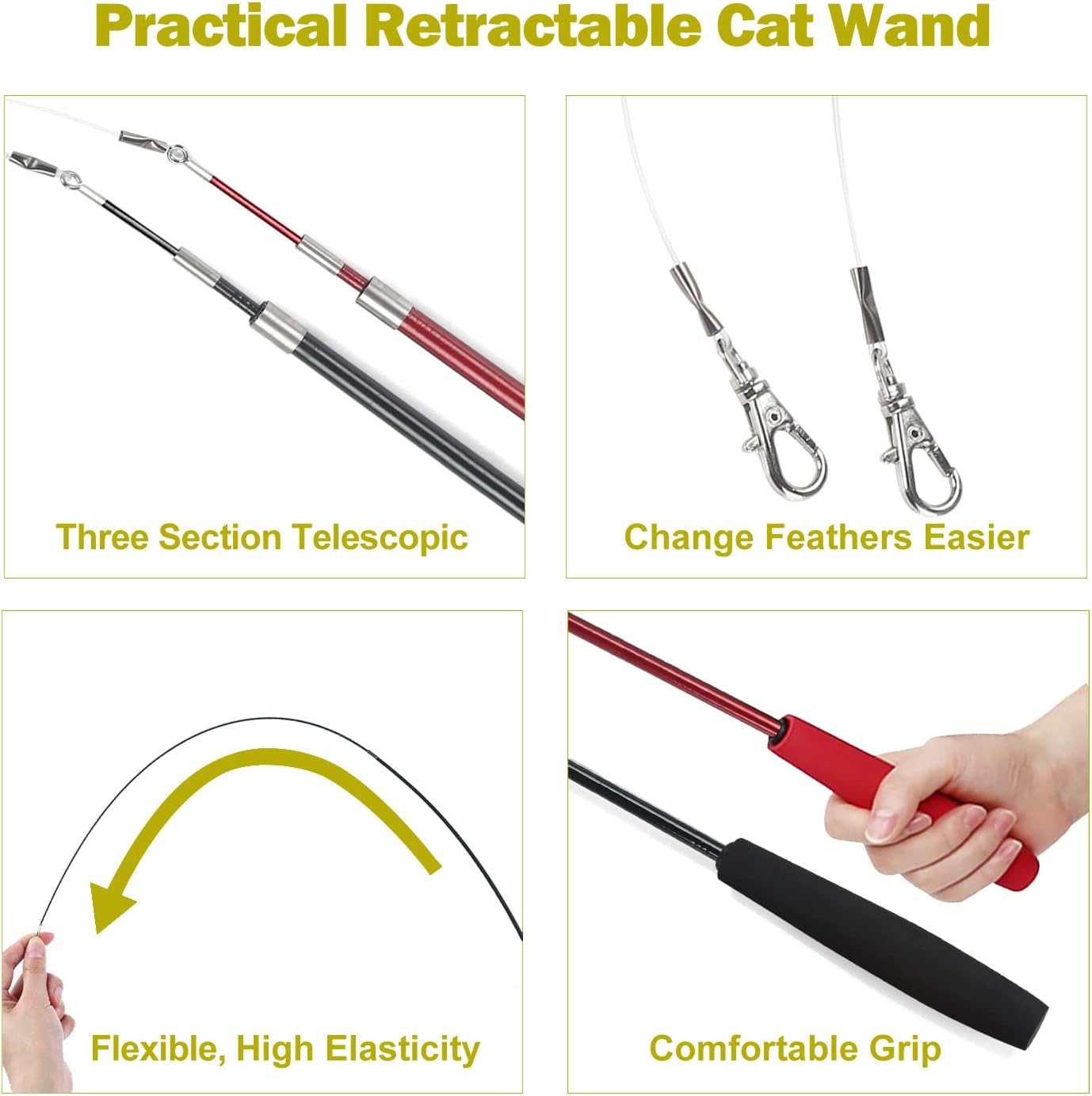 Cat Feather Toy, Retractable Cat Toys Wand 2 Wands & 9 Assorted Teaser Refills