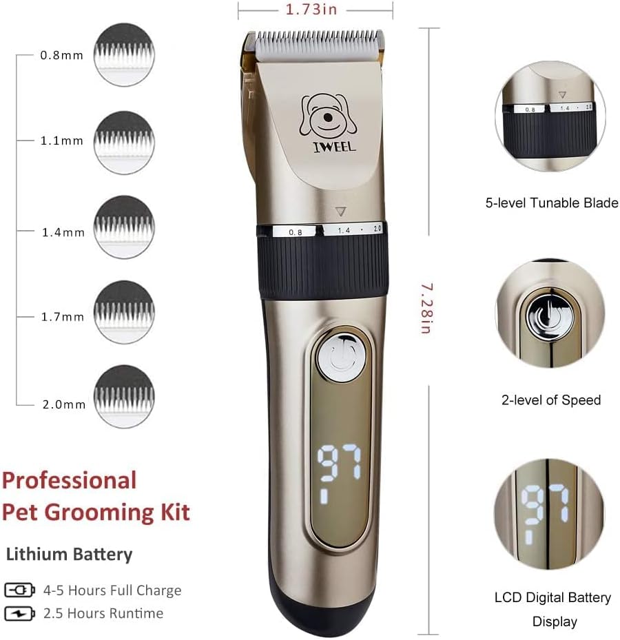 Dog Clippers, 2-Speed Professional Rechargeable Cordless Cat Shaver and Low Noise Water Proof Electric Dog Trimmer Pet Grooming Kit Animal Hair Clippers Tool with Scissors Combs