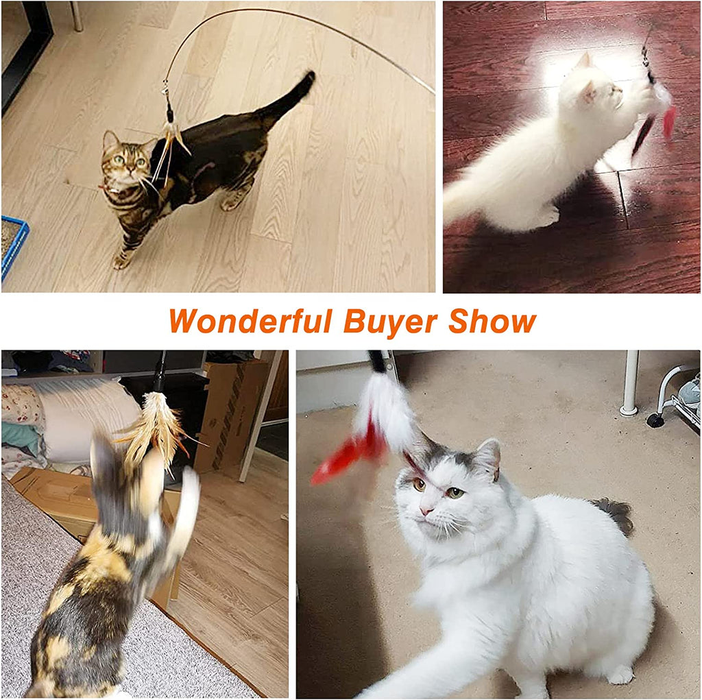 Feather Teaser Cat Toy - Interactive Wand with Extra Long 34.5" Wand and Small Bell