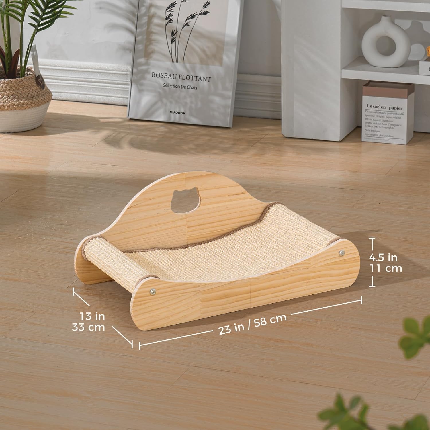 Sisal Cat Scratcher Bed, Natural Solid Wood Scratch Lounger, No Mess Scratching Chair Couch for Indoor Cats