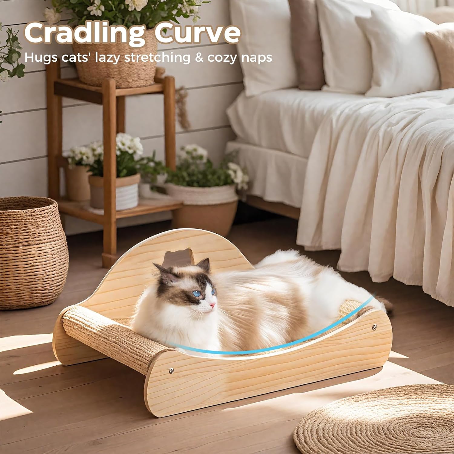 Sisal Cat Scratcher Bed, Natural Solid Wood Scratch Lounger, No Mess Scratching Chair Couch for Indoor Cats