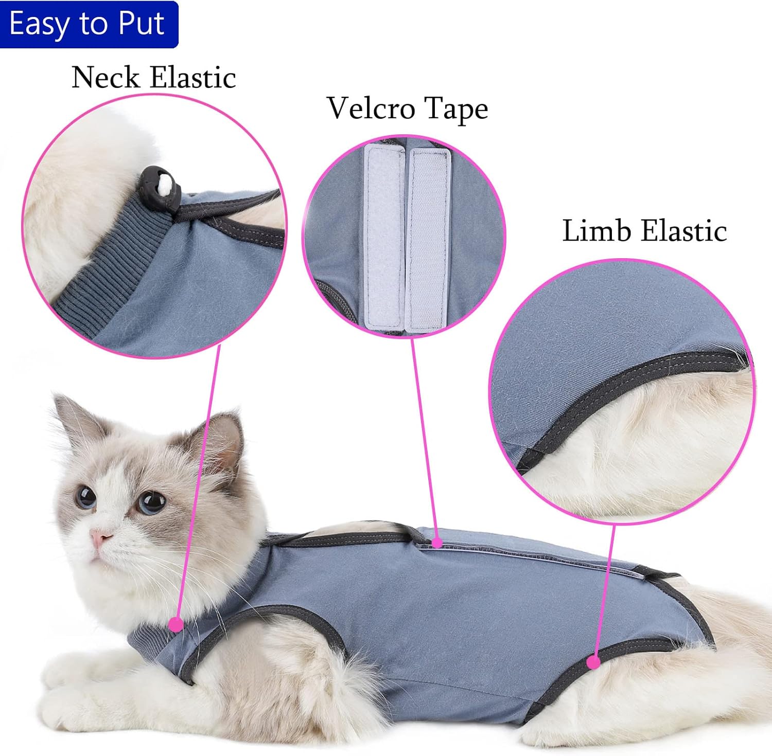 Cat Surgery Recovery Suit Cat Onesie for Cats after Surgery Spay Surgical Abdominal Wound Skin Diseases E-Collar Alternative Wear (Grey-Blue-M)