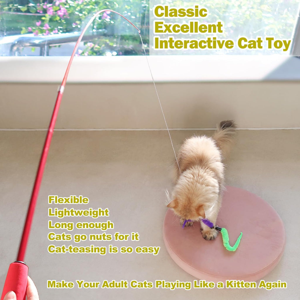 Cat Feather Toy, Retractable Cat Toys Wand 2 Wands & 9 Assorted Teaser Refills
