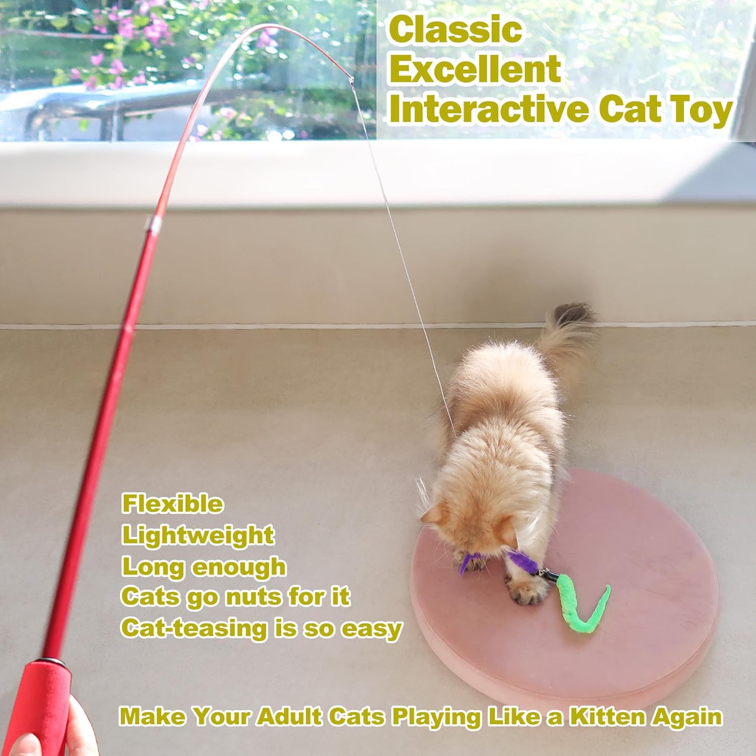 Cat Feather Toy, Retractable Cat Toys Wand 2 Wands & 9 Assorted Teaser Refills
