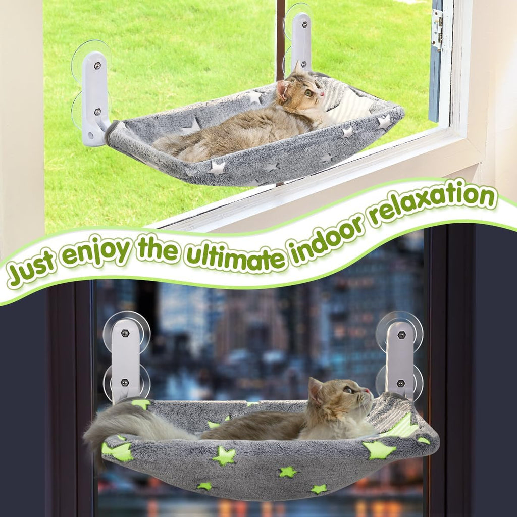 Cat Window Perch, Glow in the Dark Cordless Foldable Pet Hammock Bed for Window with Sturdy Metal Frame, Glowing Stars Pattern Resting Seat for Indoor Cats (Stars - M)