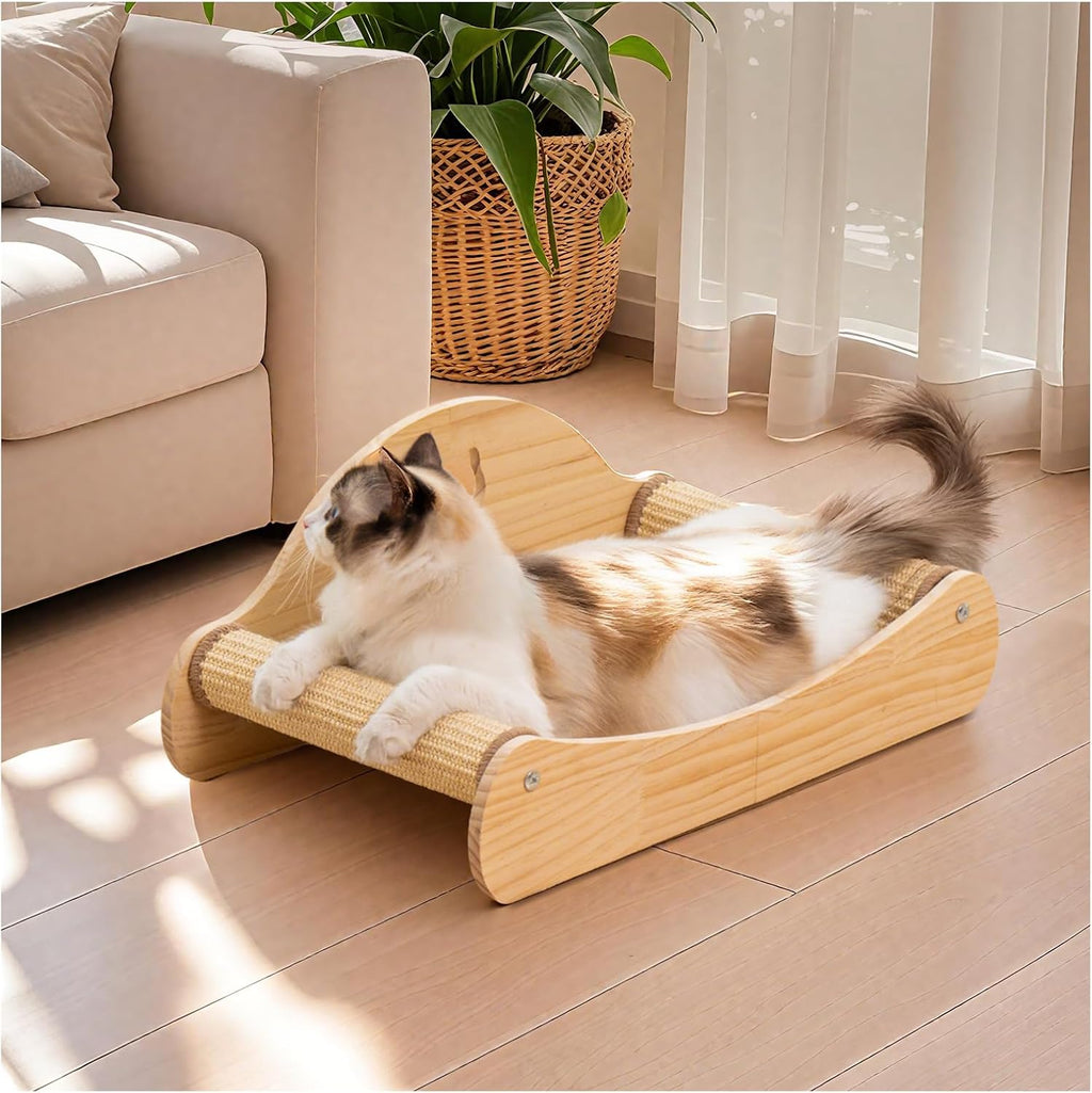 Sisal Cat Scratcher Bed, Natural Solid Wood Scratch Lounger, No Mess Scratching Chair Couch for Indoor Cats