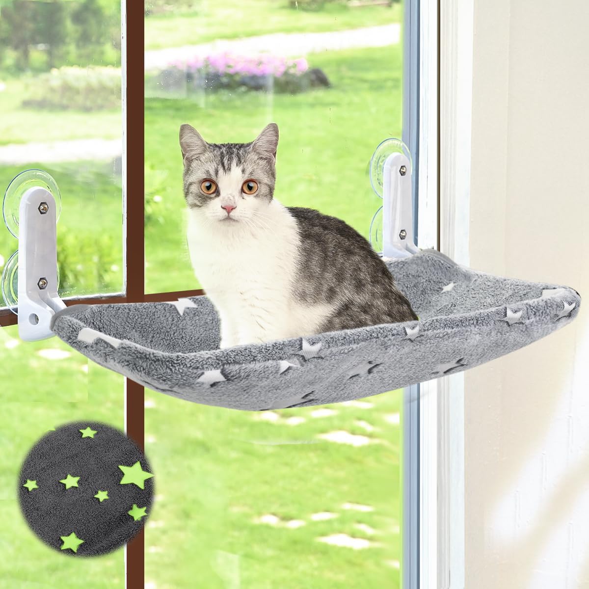 Cat Window Perch, Glow in the Dark Cordless Foldable Pet Hammock Bed for Window with Sturdy Metal Frame, Glowing Stars Pattern Resting Seat for Indoor Cats (Stars - M)
