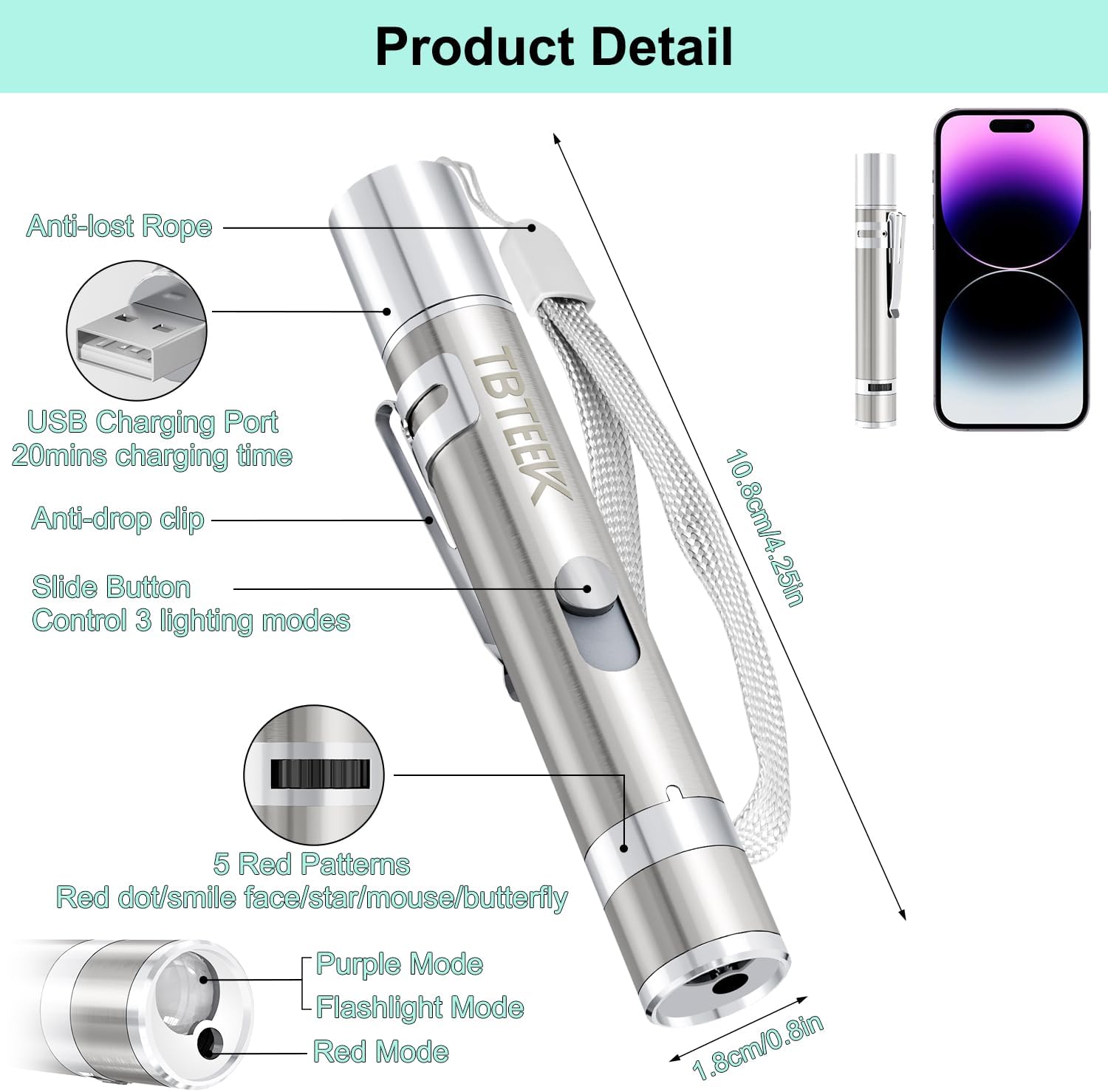 Cat Toys, USB Rechargeable Kitten Toy, 3 Light Modes & 5 Adjustable Patterns