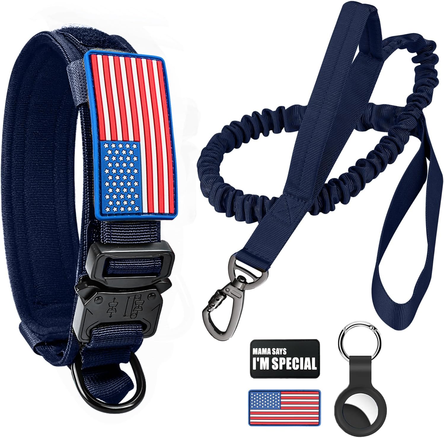 Tactical Dog Collar and Bungee Leash, Camo Military Dog Collar & Leash Set with USA American Flag Adjustable