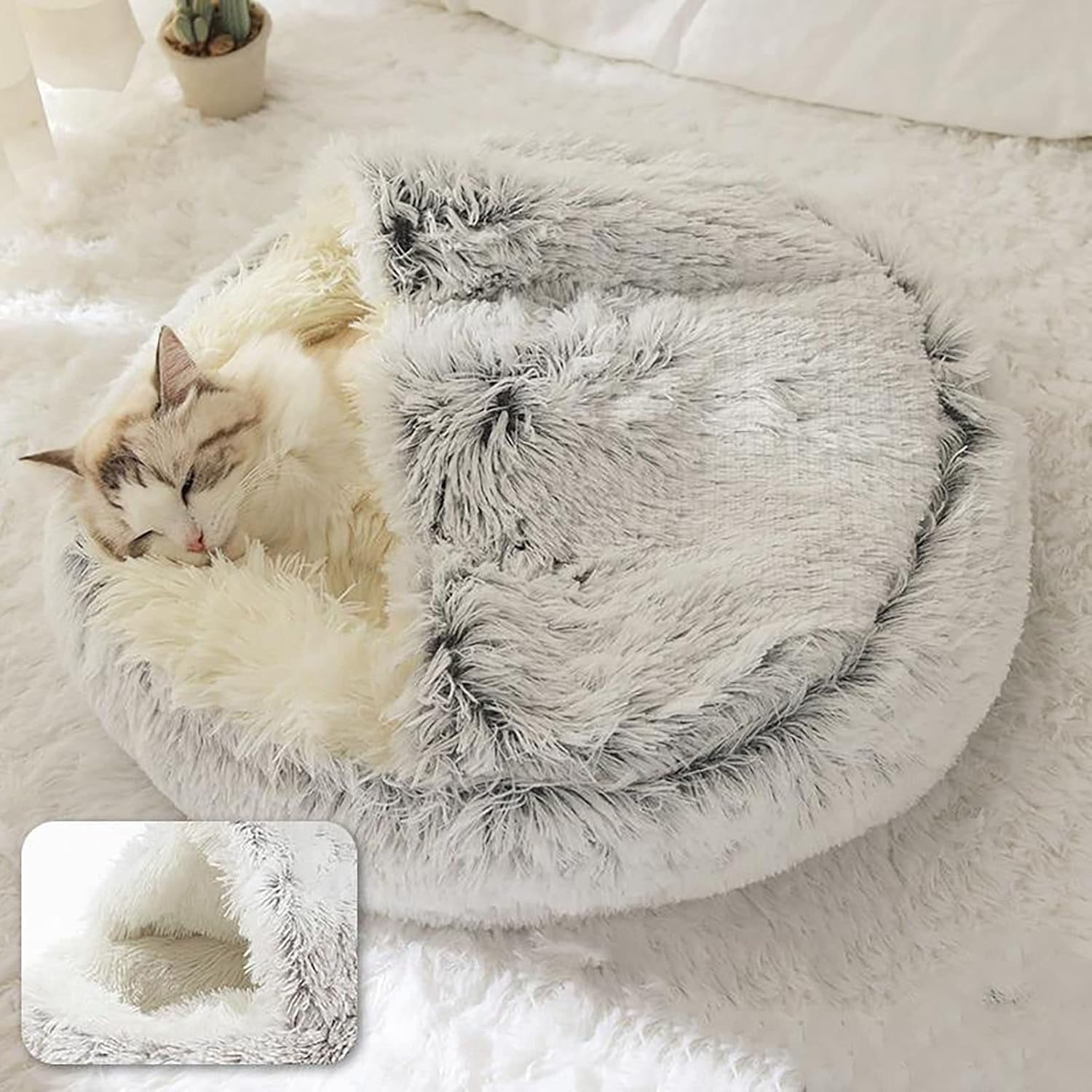 Cat Bed round Plush Fluffy Hooded Cat Bed Cave, Cozy for Indoor Cats or Small Dog Beds