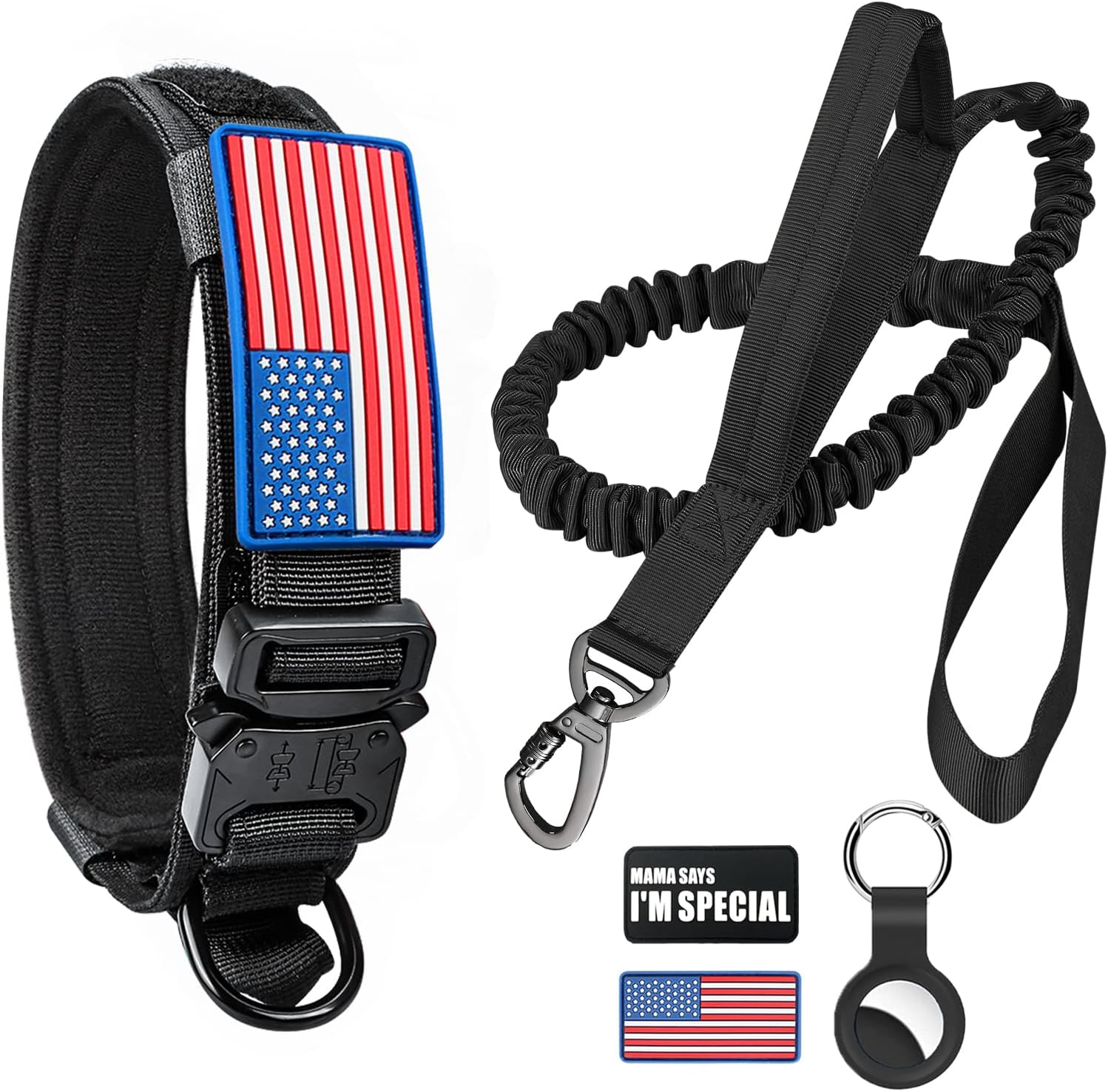 Tactical Dog Collar and Bungee Leash, Camo Military Dog Collar & Leash Set with USA American Flag Adjustable