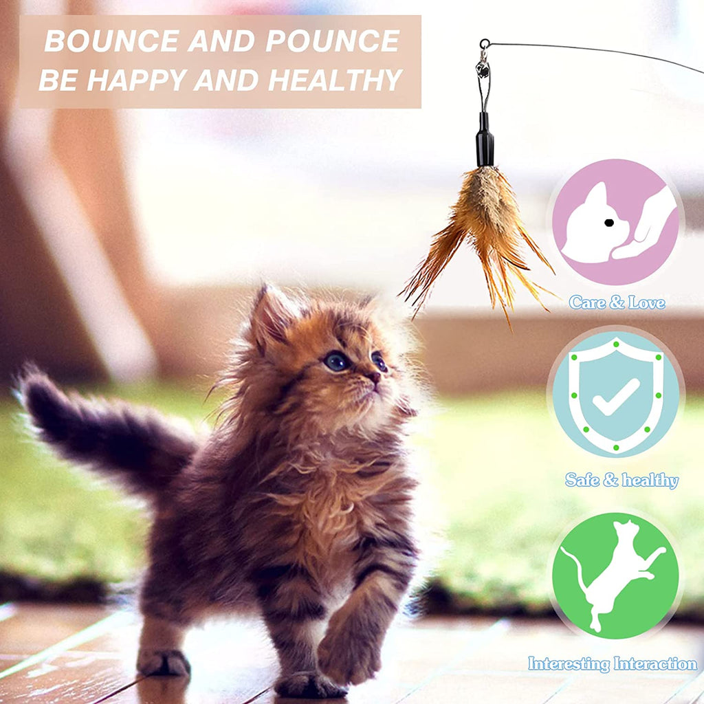 Feather Teaser Cat Toy - Interactive Wand with Extra Long 34.5" Wand and Small Bell