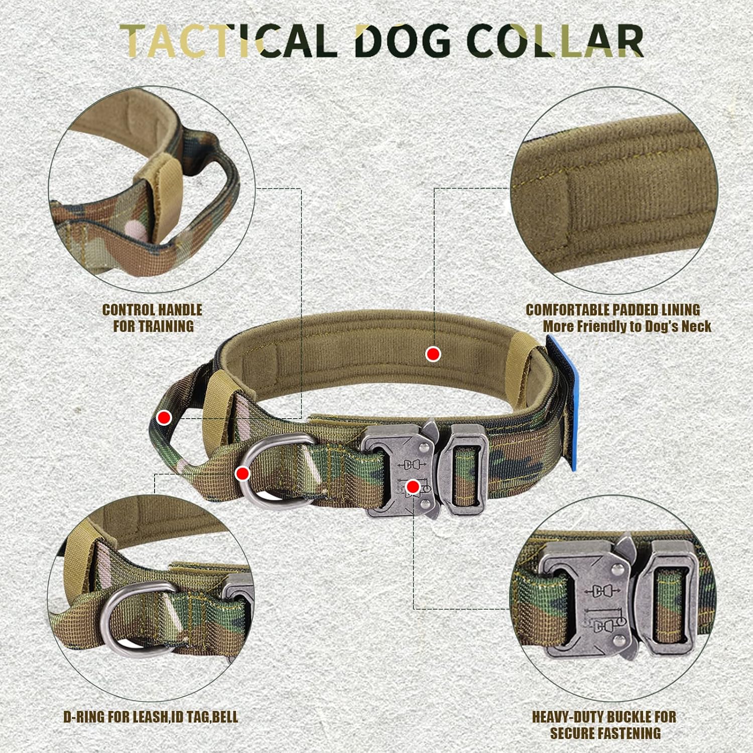 Tactical Dog Collar and Bungee Leash, Camo Military Dog Collar & Leash Set with USA American Flag Adjustable