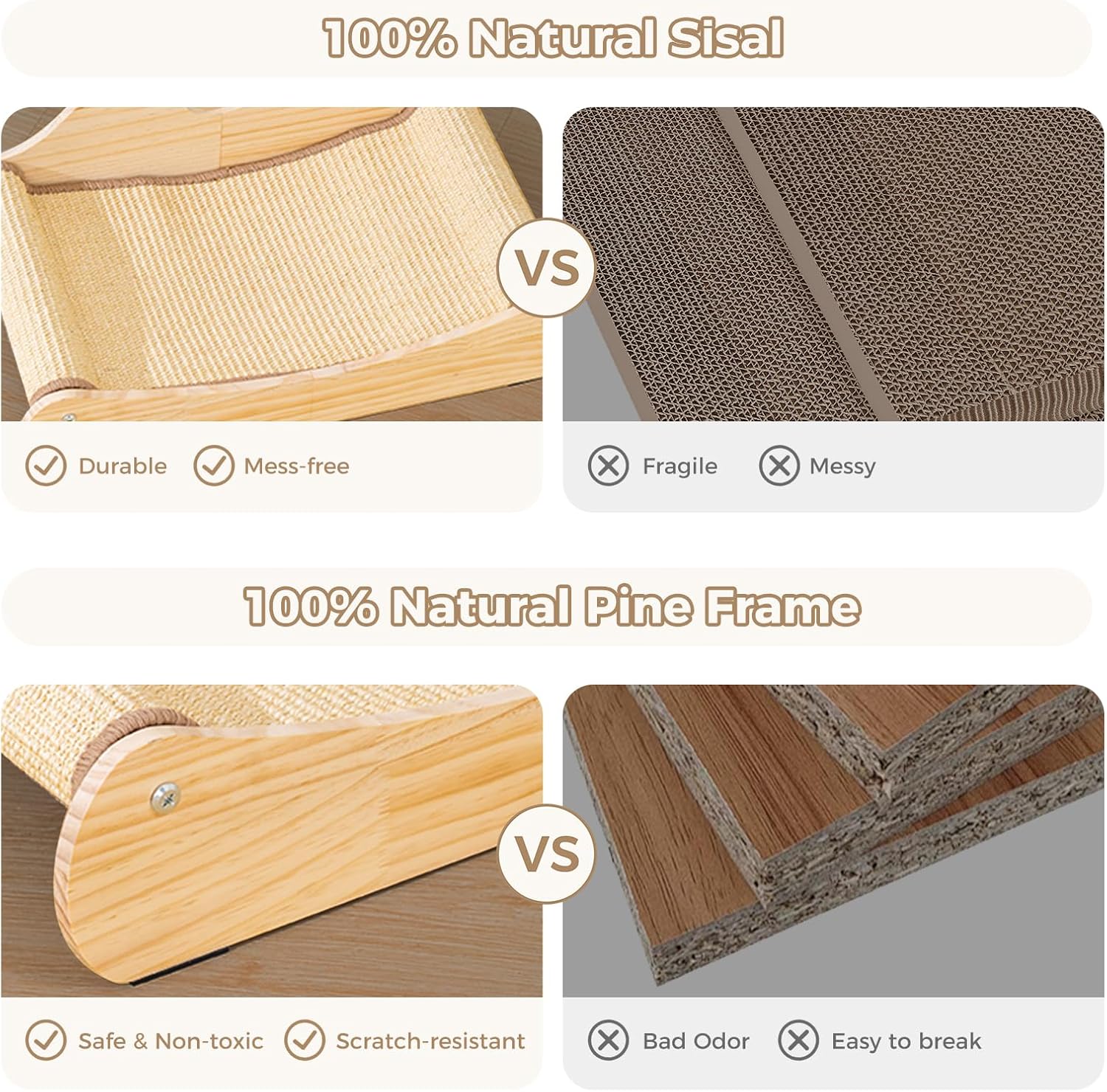 Sisal Cat Scratcher Bed, Natural Solid Wood Scratch Lounger, No Mess Scratching Chair Couch for Indoor Cats