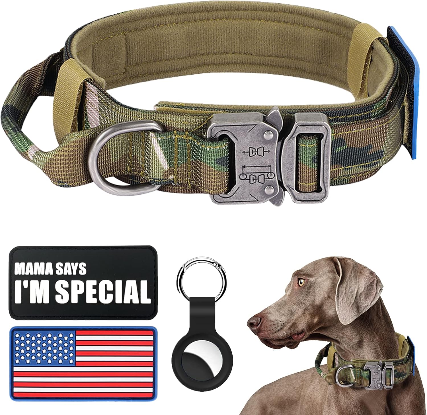 Tactical Dog Collar and Bungee Leash, Camo Military Dog Collar & Leash Set with USA American Flag Adjustable