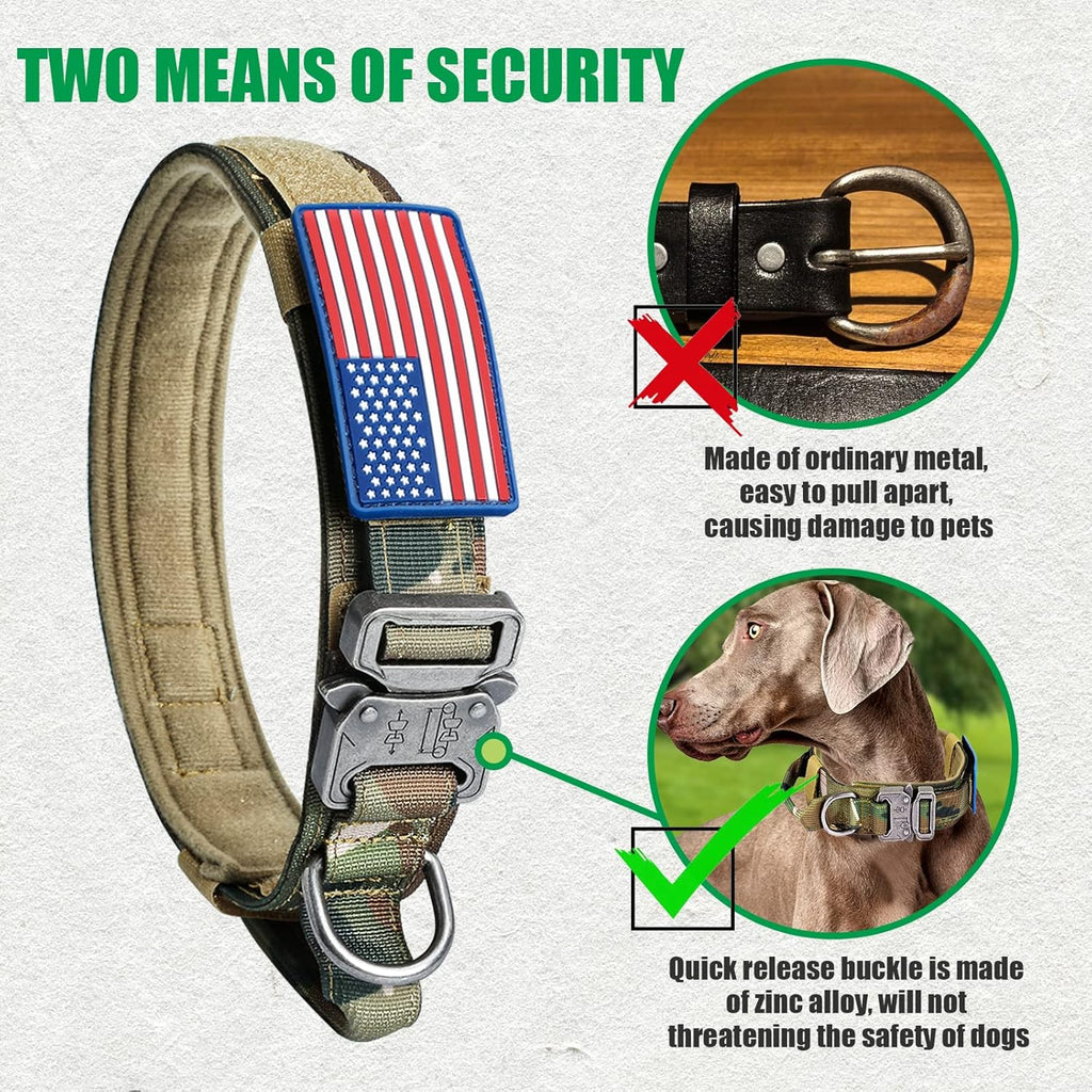 Tactical Dog Collar and Bungee Leash, Camo Military Dog Collar & Leash Set with USA American Flag Adjustable