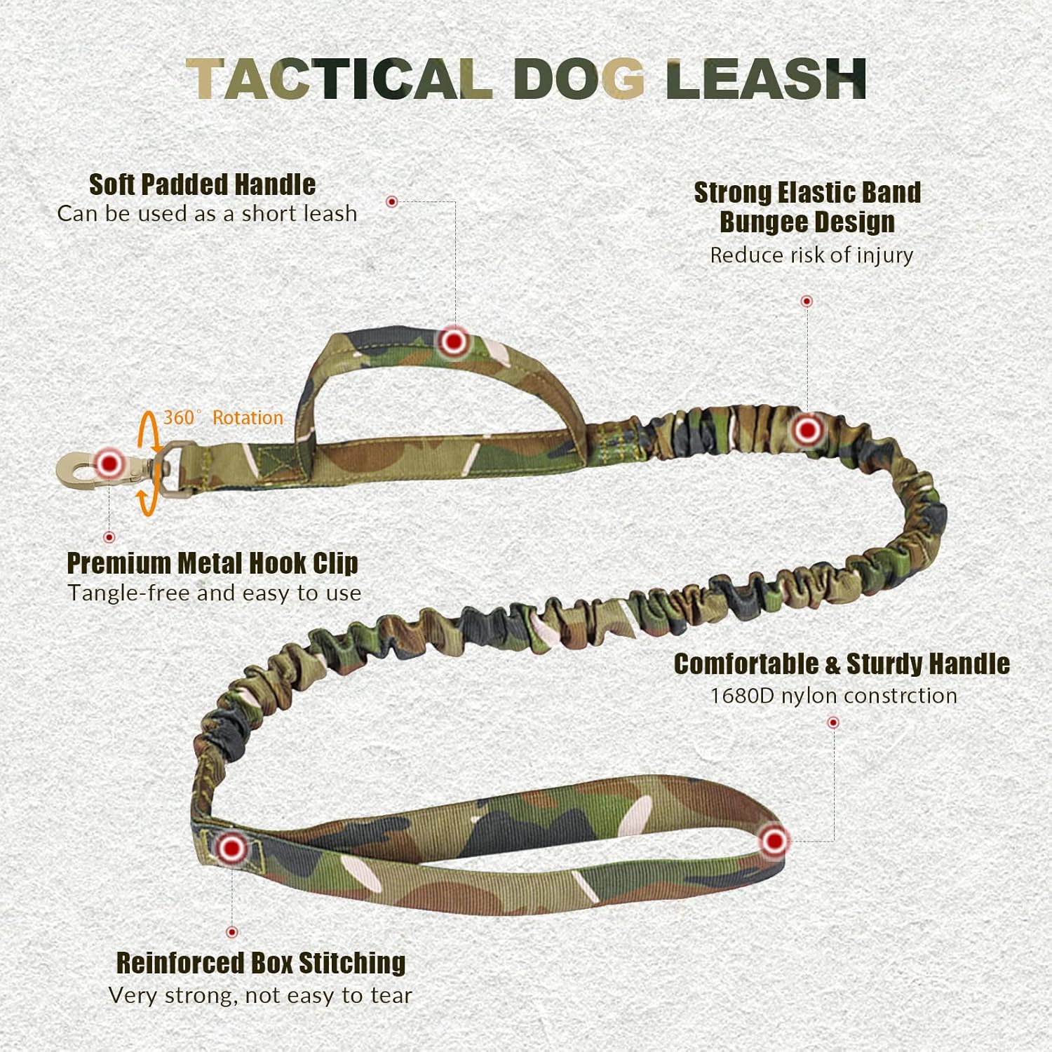Tactical Dog Collar and Bungee Leash, Camo Military Dog Collar & Leash Set with USA American Flag Adjustable