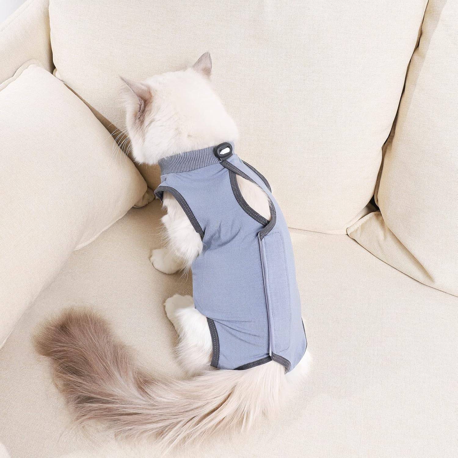 Cat Surgery Recovery Suit Cat Onesie for Cats after Surgery Spay Surgical Abdominal Wound Skin Diseases E-Collar Alternative Wear (Grey-Blue-M)
