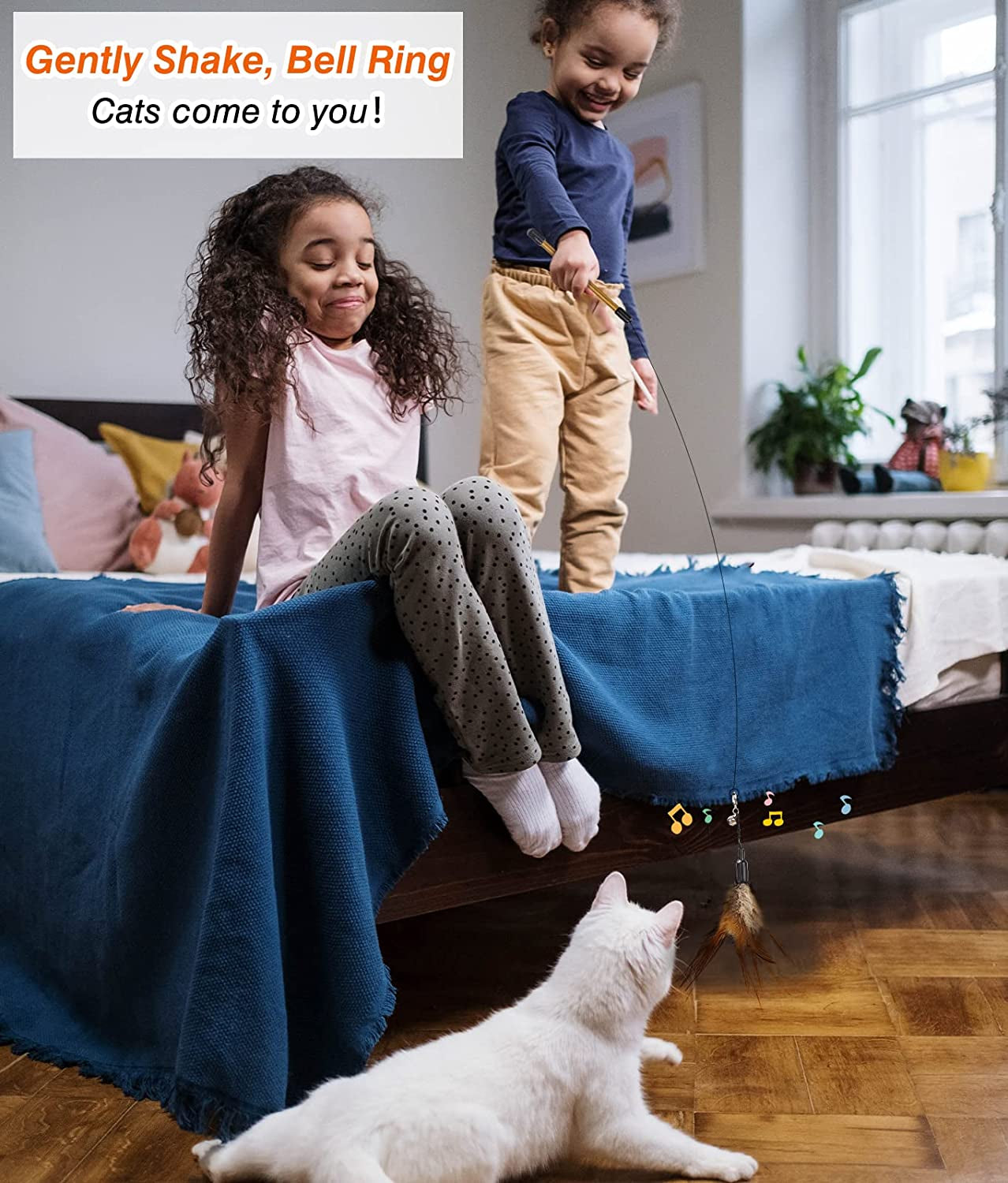 Feather Teaser Cat Toy - Interactive Wand with Extra Long 34.5" Wand and Small Bell