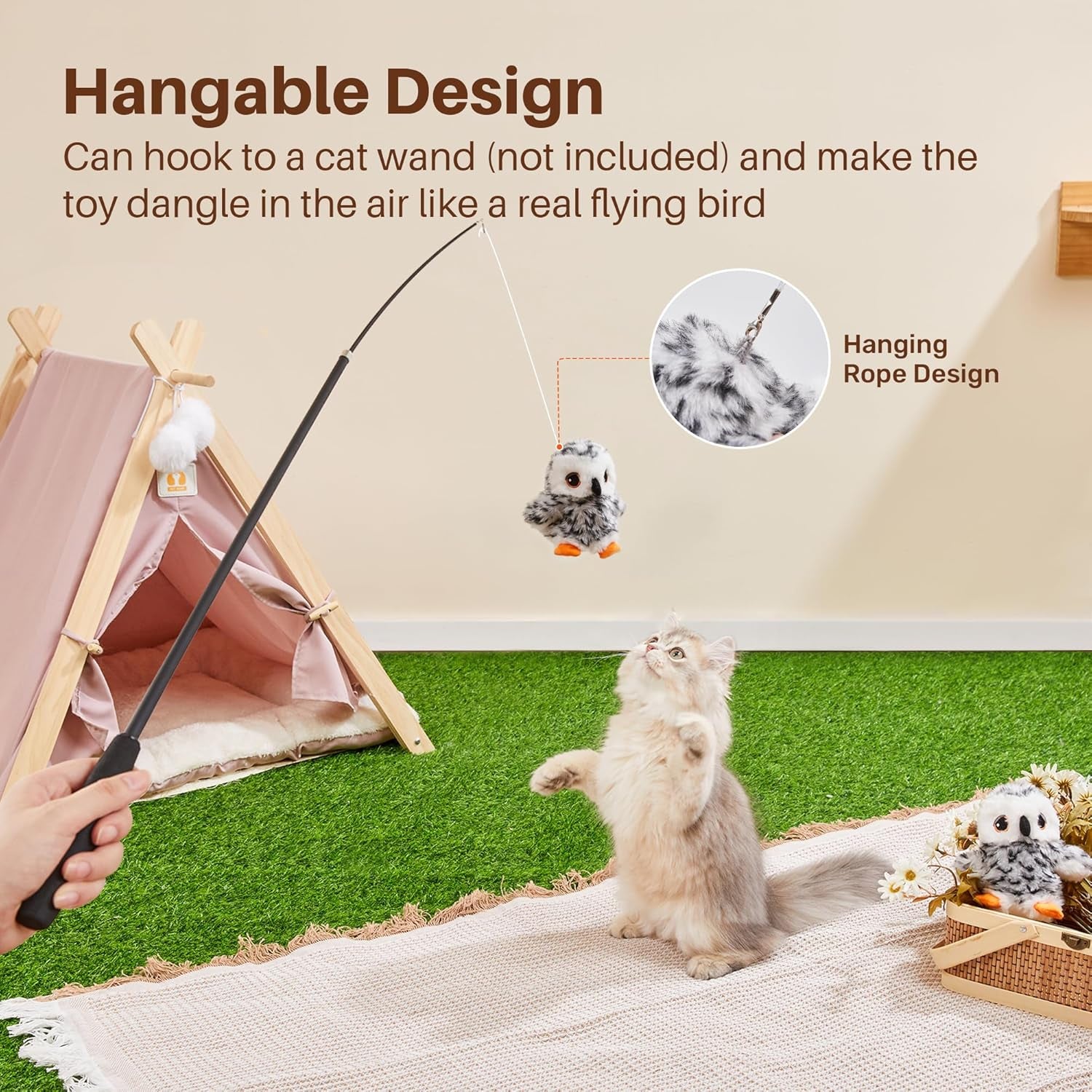 Flapping Owl Cat Toys (No Flying), Lifelike Bird Chirp, Rechargeable Touch Activated Kitten Toy