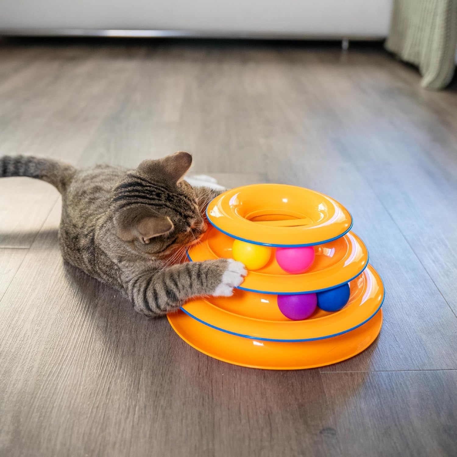 Tower of Tracks 3-Level Cat Track Toy with 6 Balls, Interactive Toy for Indoor Cats, Orange