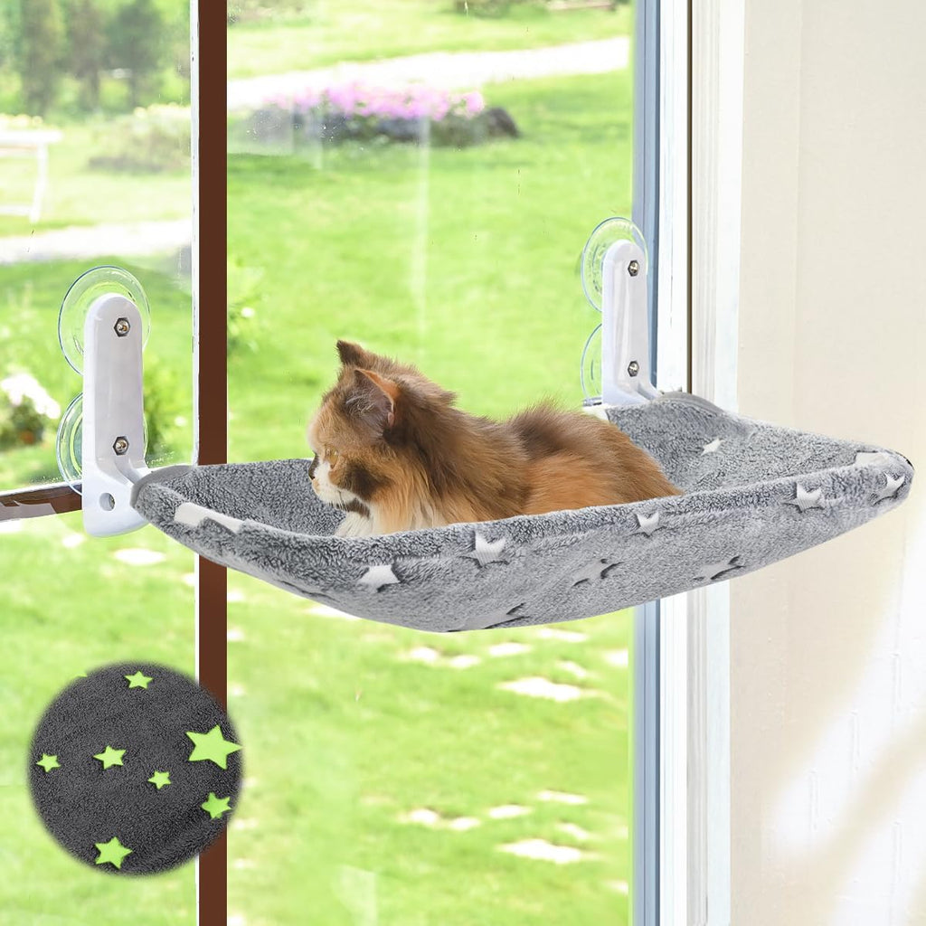 Cat Window Perch, Glow in the Dark Cordless Foldable Pet Hammock Bed for Window with Sturdy Metal Frame, Glowing Stars Pattern Resting Seat for Indoor Cats (Stars - M)